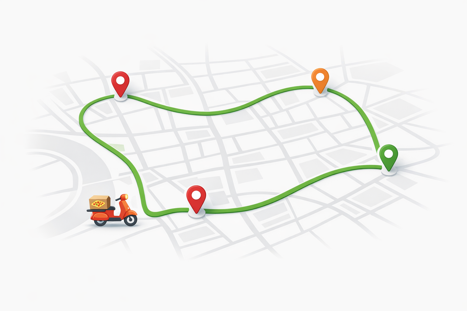 Map showing pizza delivery routes with green route lines connecting various locations
